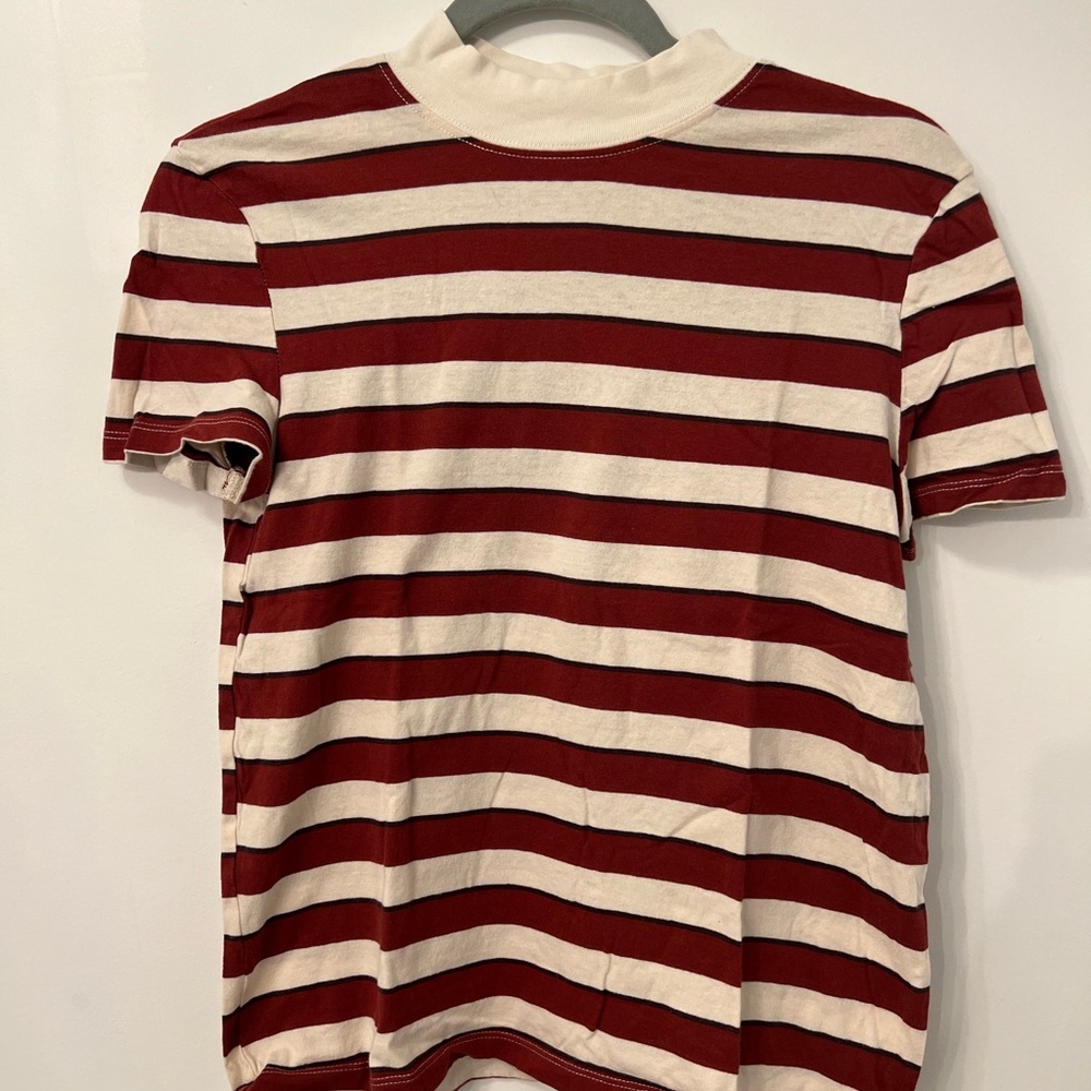 ZARA mock neck shirt sleeve top (Striped) Maroon & Beige Color. Size: Small